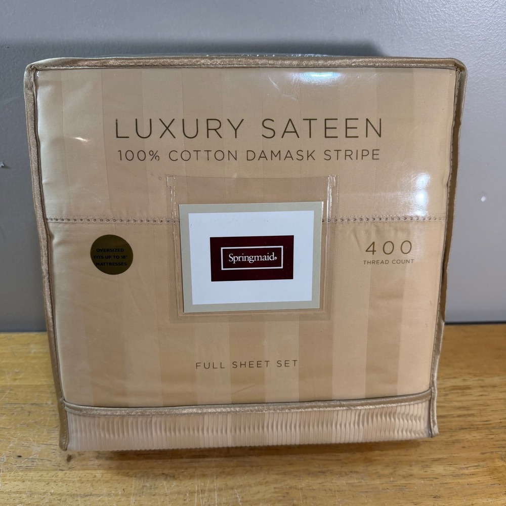 Springmaid Full Sheet Set Gold Damask Stripe 400TC Cotton Sateen Deep Pocket